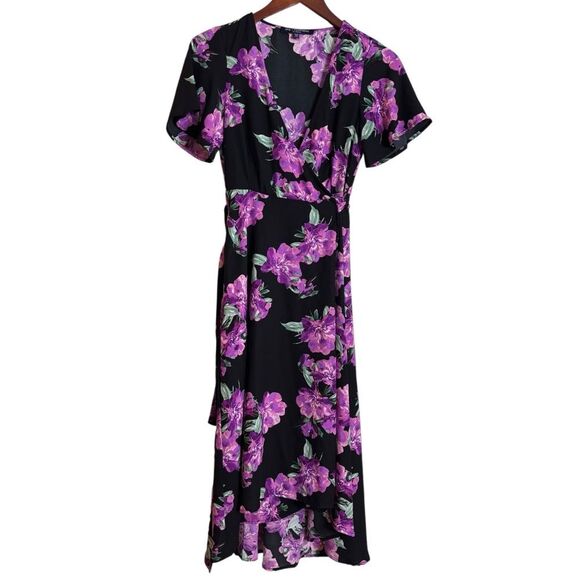 One Clothing Los Angeles Black & Purple Floral Short Sleeve True Wrap Dress XS - Picture 1 of 6